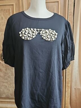 Karl Lagerfeld Black Short Sleeve Top w/ Pearl Embellished Sunglass Design. New